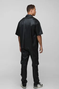 Pantalon cargo évasé, à plis longs, en synthétique empilé