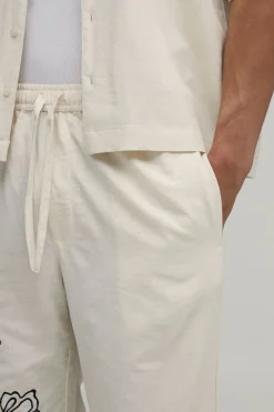 boohooMAN Pantalon Coordonné Coupe Décontractée Mélange De Lin Broderie Florale<Homme Ensembles