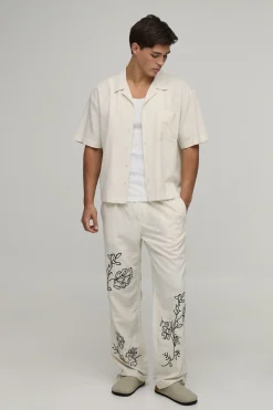boohooMAN Pantalon Coordonné Coupe Décontractée Mélange De Lin Broderie Florale<Homme Ensembles