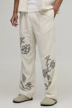 boohooMAN Pantalon Coordonné Coupe Décontractée Mélange De Lin Broderie Florale<Homme Ensembles