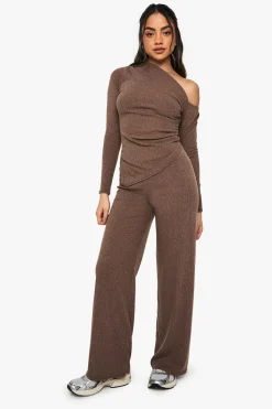 boohoo Pantalon côtelé à jambes larges<Femme Pantalons|Looks Chocolat