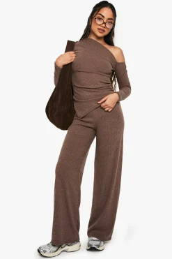 boohoo Pantalon côtelé à jambes larges<Femme Pantalons|Looks Chocolat