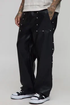 boohooMAN Pantalon de charpentier ample clouté à cordon et au look synthétique<Homme Pantalons Tall|Tout Afficher