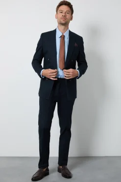 Pantalon De Costume Ajusté En Lin Bleu Marine