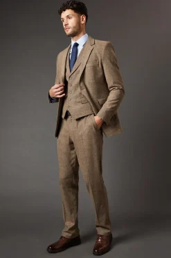 Pantalon de Costume Coupe Ajustée Aspect Tweed Marron Clair