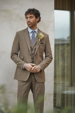 Pantalon de Costume Coupe Ajustée Aspect Tweed Marron Clair