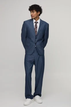 boohooMAN Pantalon De Costume Coupe Décontractée Effet Denim Rayé<Homme Ensembles|Costumes Et Tenues Formelles