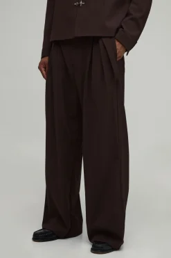 boohooMAN Pantalon De Costume Coupe Large À Double Pli Avec Ceinture<Femme Tailleurs