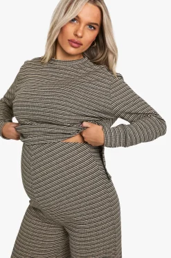 boohoo Pantalon de maternité à côtes, à nouer à la taille, à rayures<Femme Pantalons