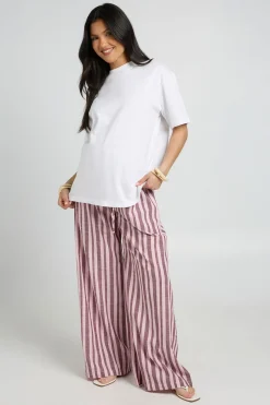 Pantalon De Maternité À Jambe Large Avec Taille Élastiquée Et Rayures Tissées