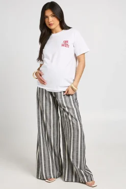 Pantalon De Maternité À Jambes Larges En Tissu Tissé À Rayures Avec Taille Élastiquée