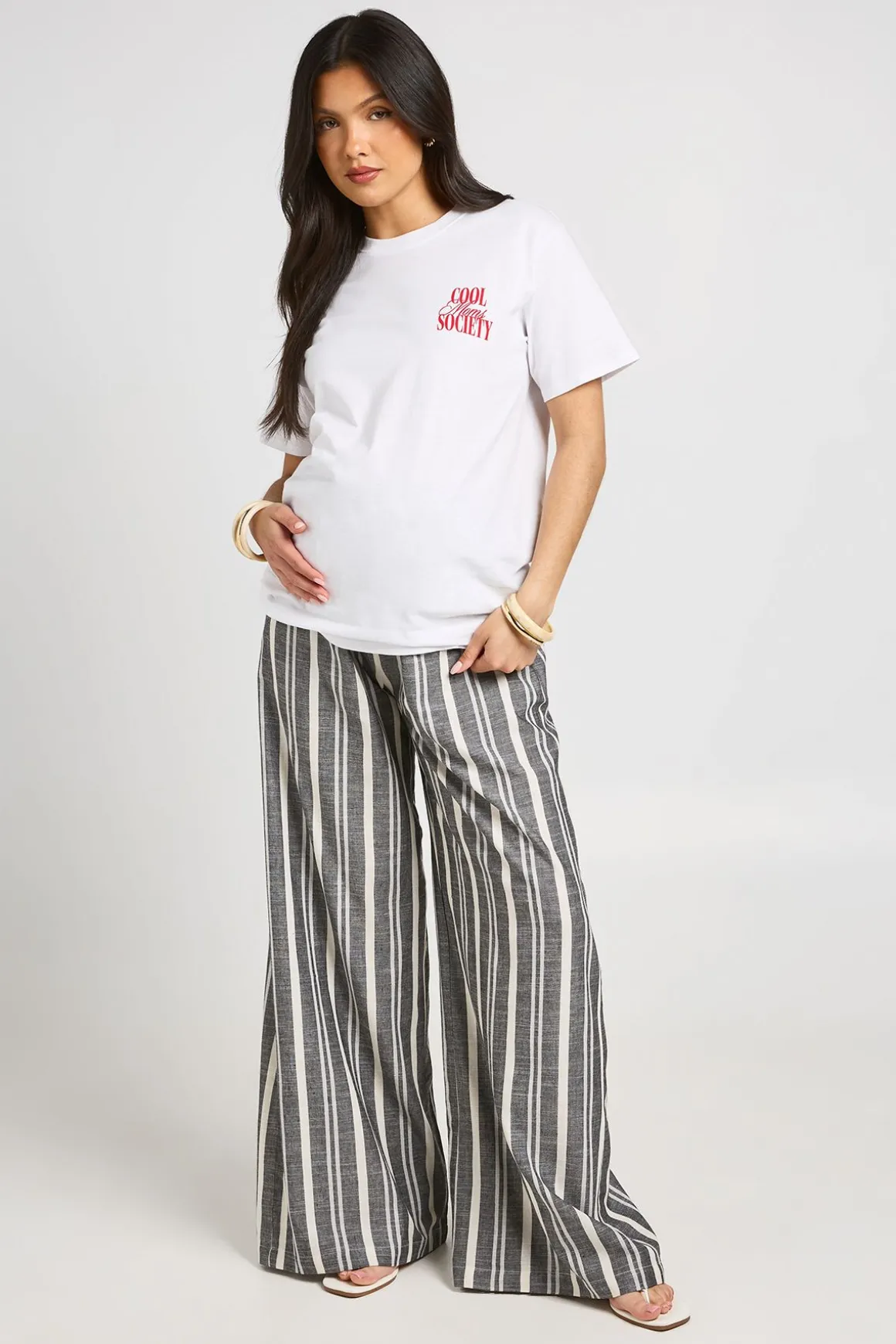 Pantalon De Maternité À Jambes Larges En Tissu Tissé À Rayures Avec Taille Élastiquée