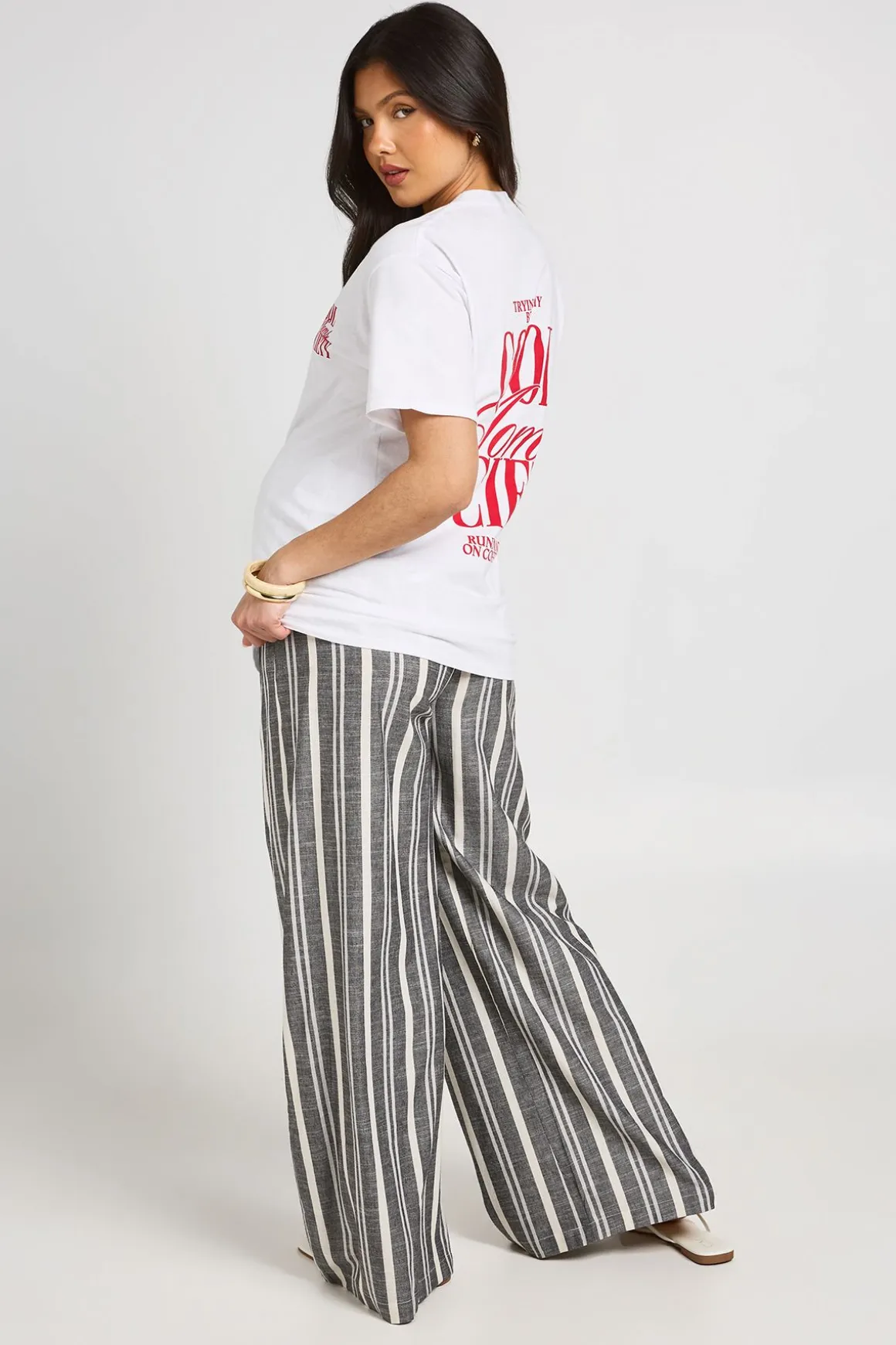 Pantalon De Maternité À Jambes Larges En Tissu Tissé À Rayures Avec Taille Élastiquée