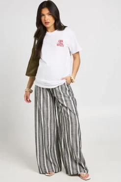 Pantalon De Maternité À Jambes Larges En Tissu Tissé À Rayures Avec Taille Élastiquée