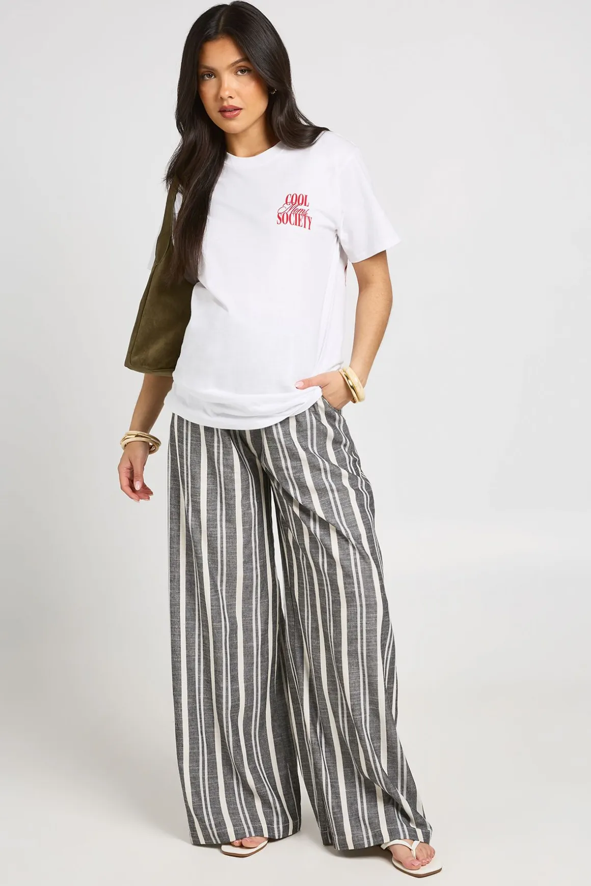 Pantalon De Maternité À Jambes Larges En Tissu Tissé À Rayures Avec Taille Élastiquée