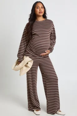 Pantalon De Maternité À Jambes Larges En Maille Rayée Douce