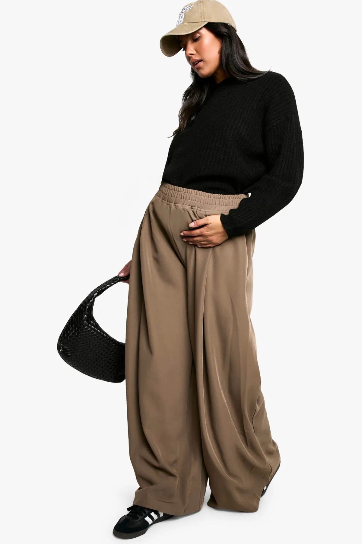 boohoo Pantalon de maternité à taille élastiquée tissé, ample, à plis et à jambes larges<Femme Pantalons