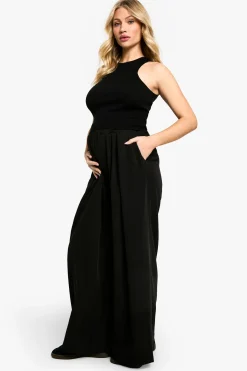 Pantalon de maternité à taille élastique, tissé, à plis décontractés et jambes larges