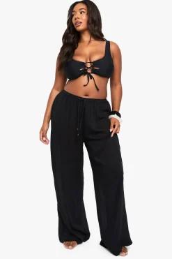 Pantalon De Plage Grande Taille À Jambes Larges Avec Perles Et Tissu Froissé