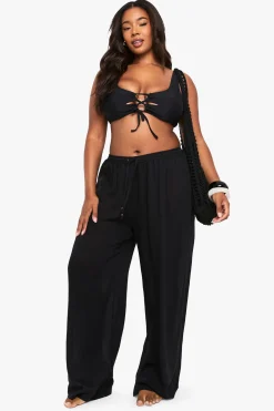 Pantalon De Plage Grande Taille À Jambes Larges Avec Perles Et Tissu Froissé