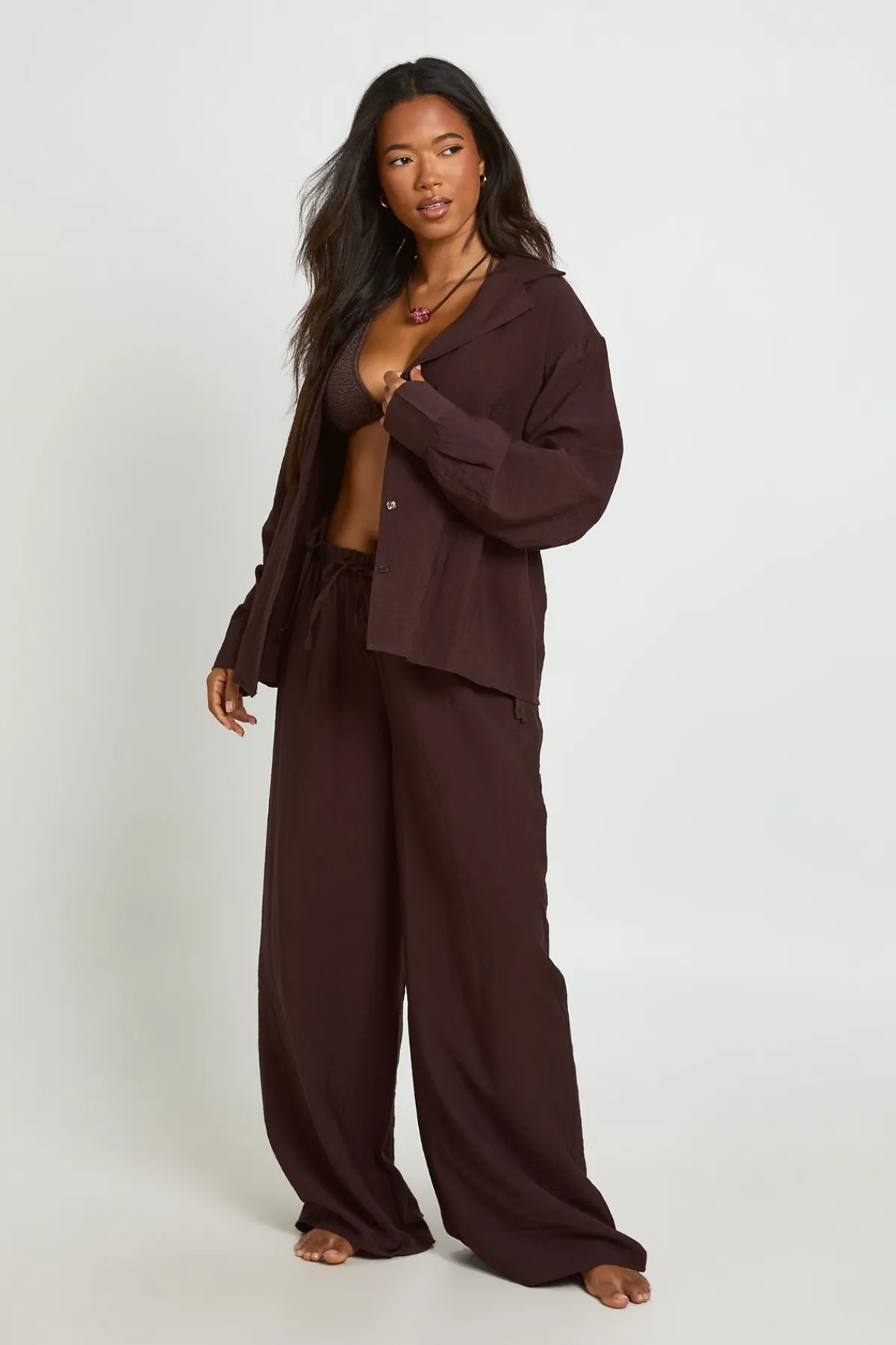 boohoo Pantalon De Plage Large Aspect Lin<Femme Tenues De Plage
