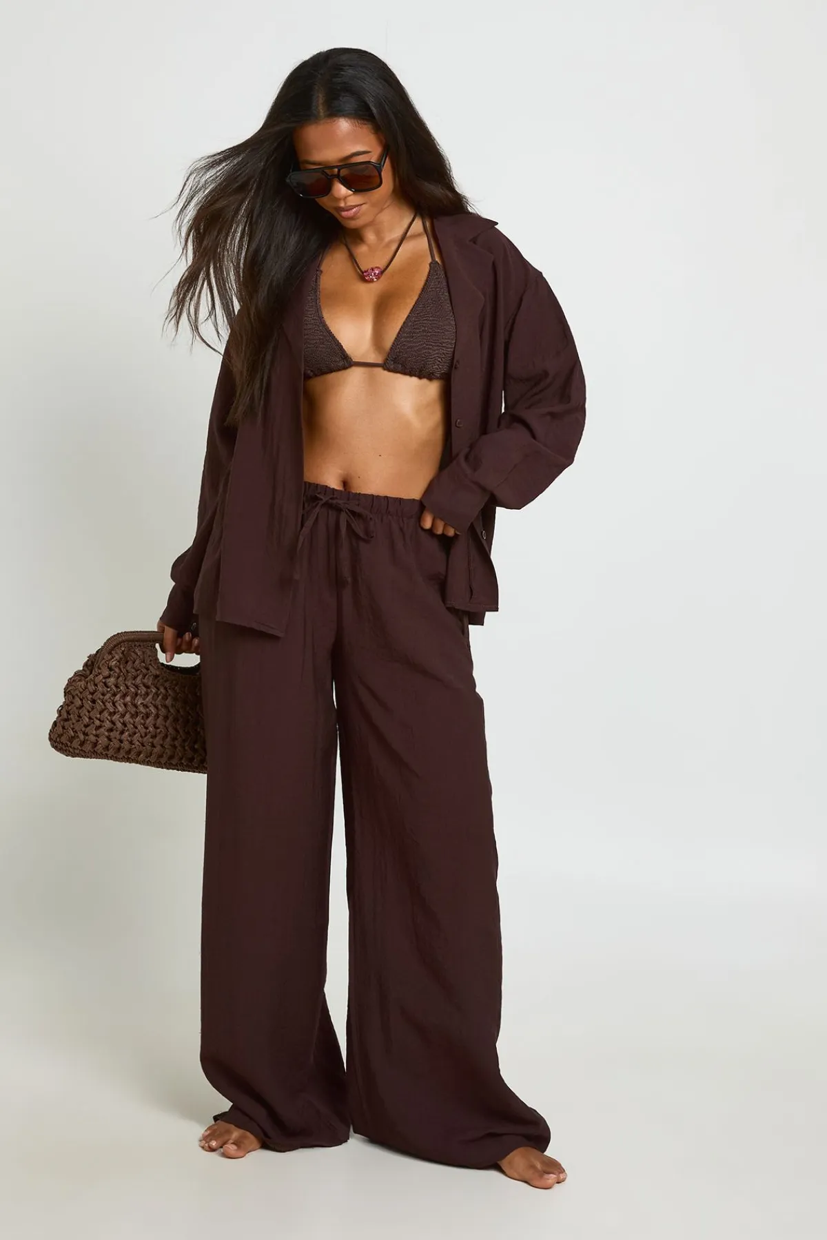boohoo Pantalon De Plage Large Aspect Lin<Femme Tenues De Plage