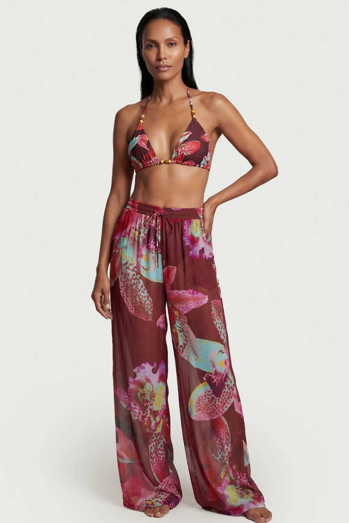 Pantalon de Plage Large à Motif Floral Photographique en Georgette de Viscose