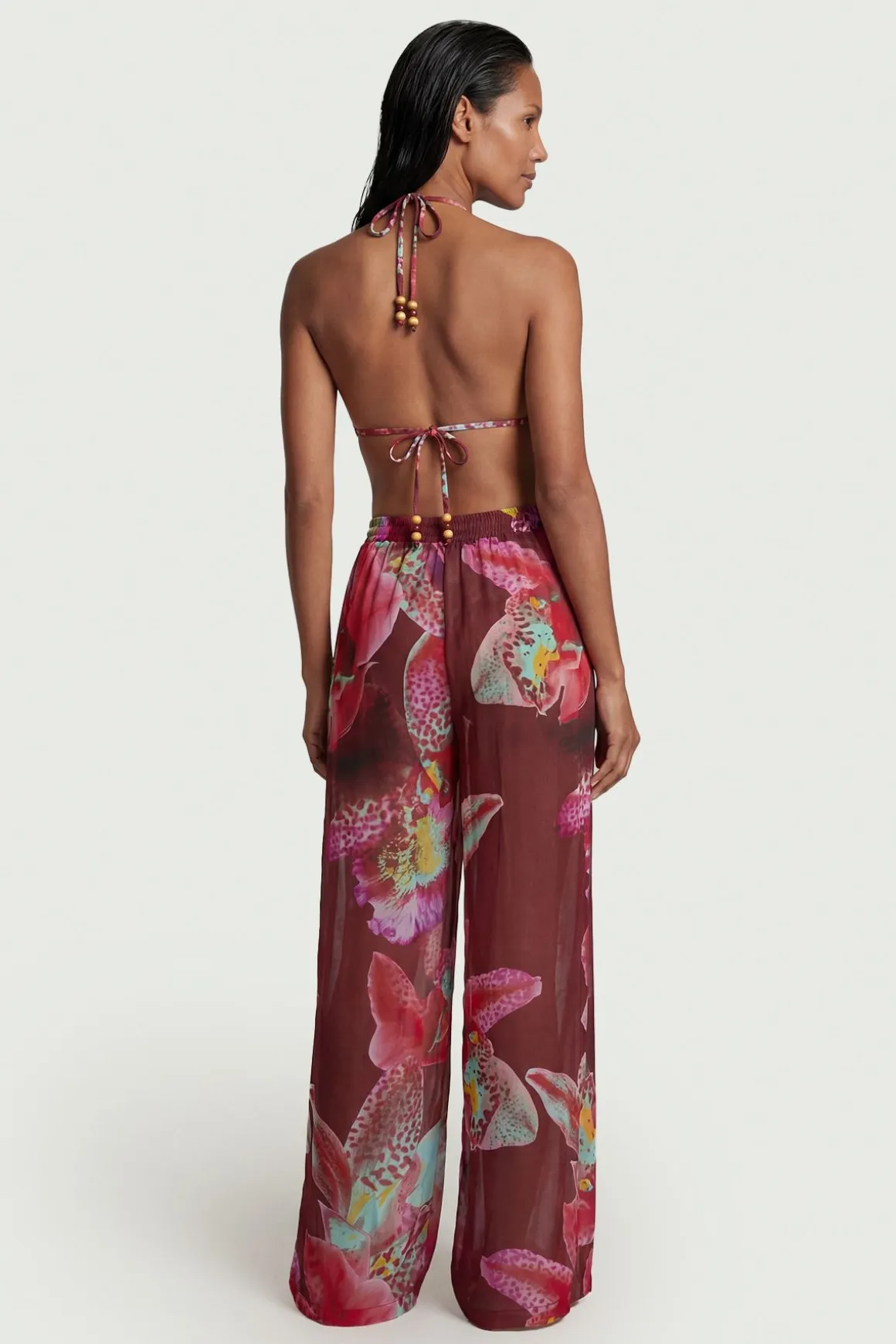 Pantalon de Plage Large à Motif Floral Photographique en Georgette de Viscose