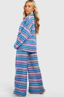Pantalon de plage tricoté à imprimé zigzag et jambes larges