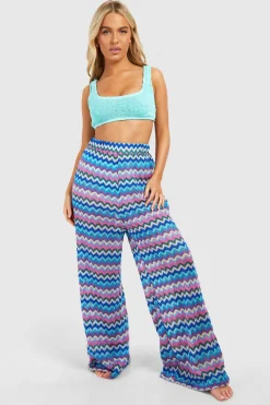 Pantalon de plage tricoté à imprimé zigzag et jambes larges