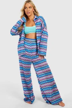 Pantalon de plage tricoté à imprimé zigzag et jambes larges