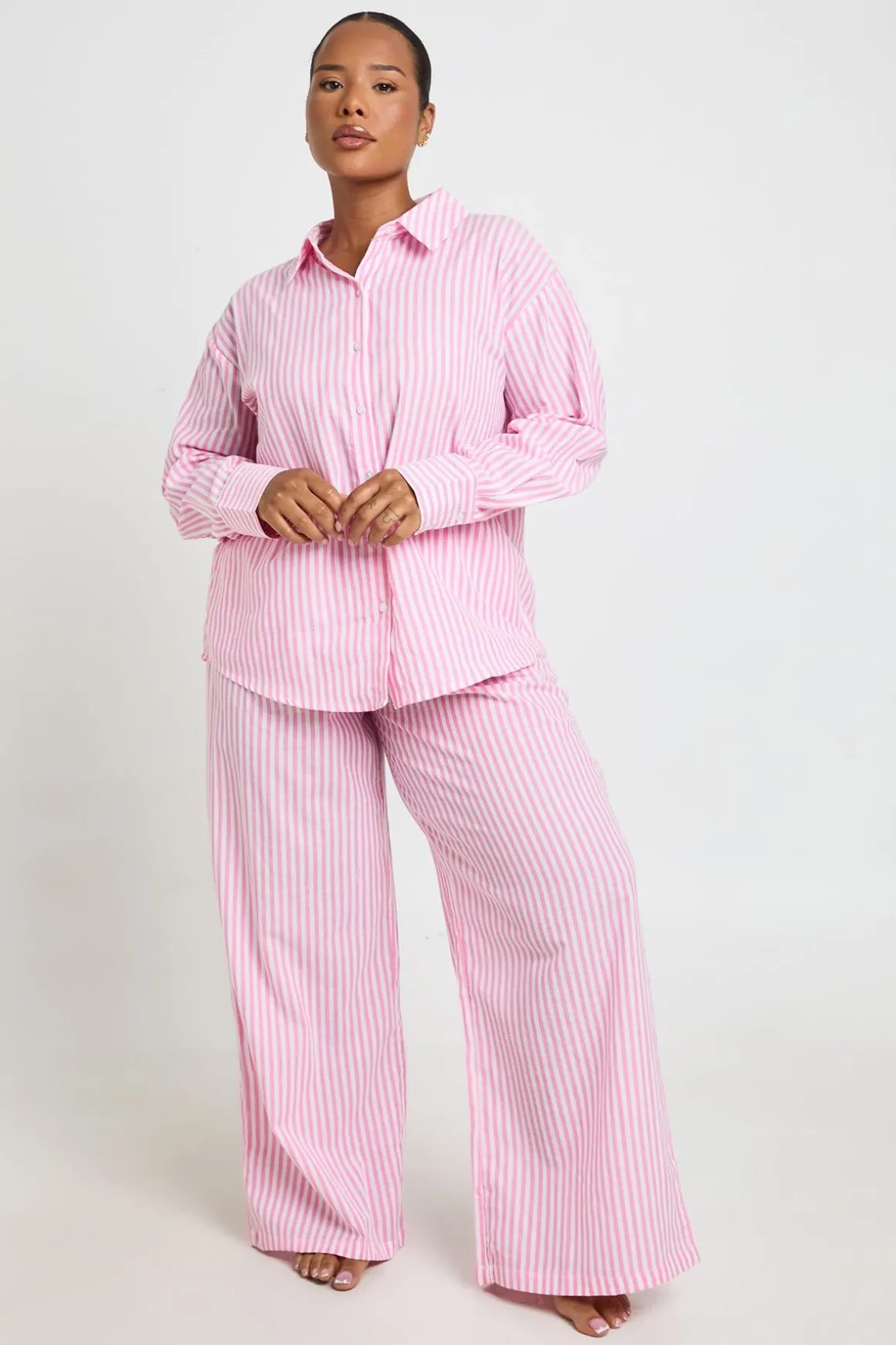 Pantalon De Pyjama À Fines Rayures En Coton Grande Taille