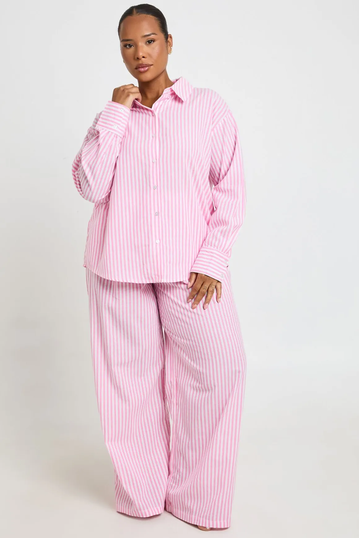 Pantalon De Pyjama À Fines Rayures En Coton Grande Taille