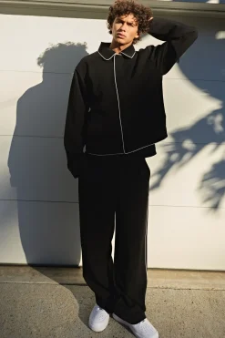 Pantalon De Tailleur Coupe Décontractée À Plis Devant Et Passepoil Contrasté Ensemble Coordonné
