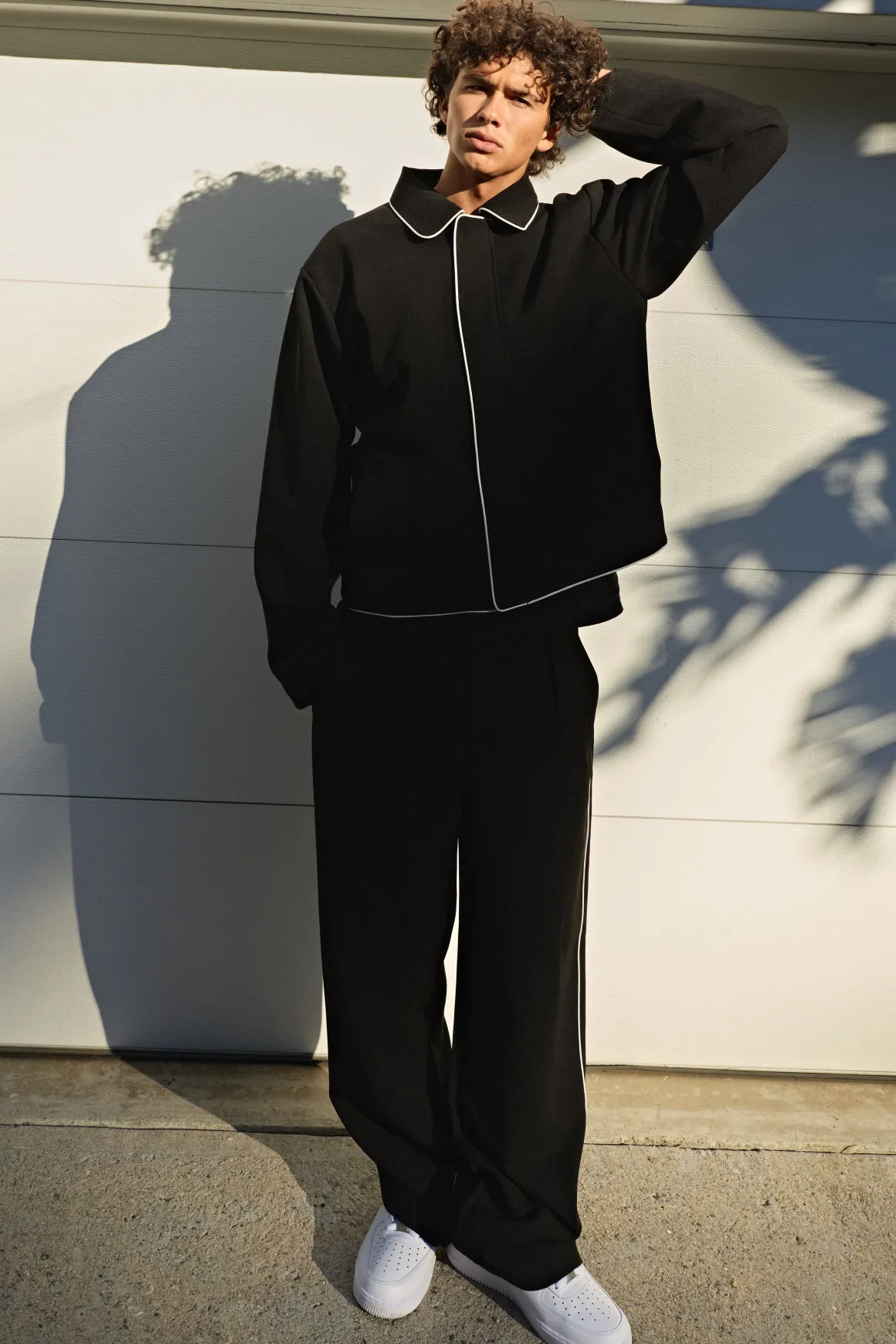 Pantalon De Tailleur Coupe Décontractée À Plis Devant Et Passepoil Contrasté Ensemble Coordonné