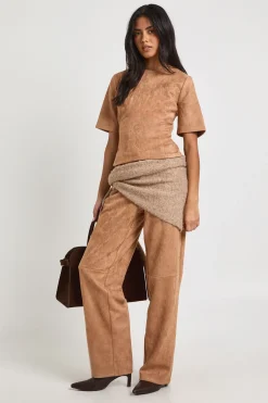 Pantalon Droit avec Détails de Couture en Daim