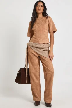 Pantalon Droit avec Détails de Couture en Daim