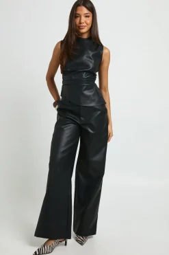 Pantalon Droit Coupe Décontractée Aspect Cuir
