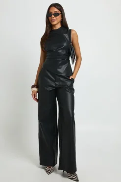 Pantalon Droit Coupe Décontractée Aspect Cuir
