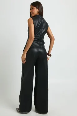 Pantalon Droit Coupe Décontractée Aspect Cuir