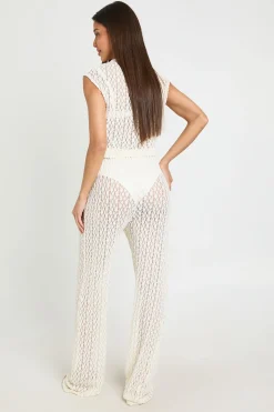 Pantalon Droit En Dentelle Florale Avec Cordon De Serrage
