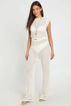 Pantalon Droit En Dentelle Florale Avec Cordon De Serrage