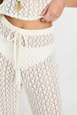 Pantalon Droit En Dentelle Florale Avec Cordon De Serrage