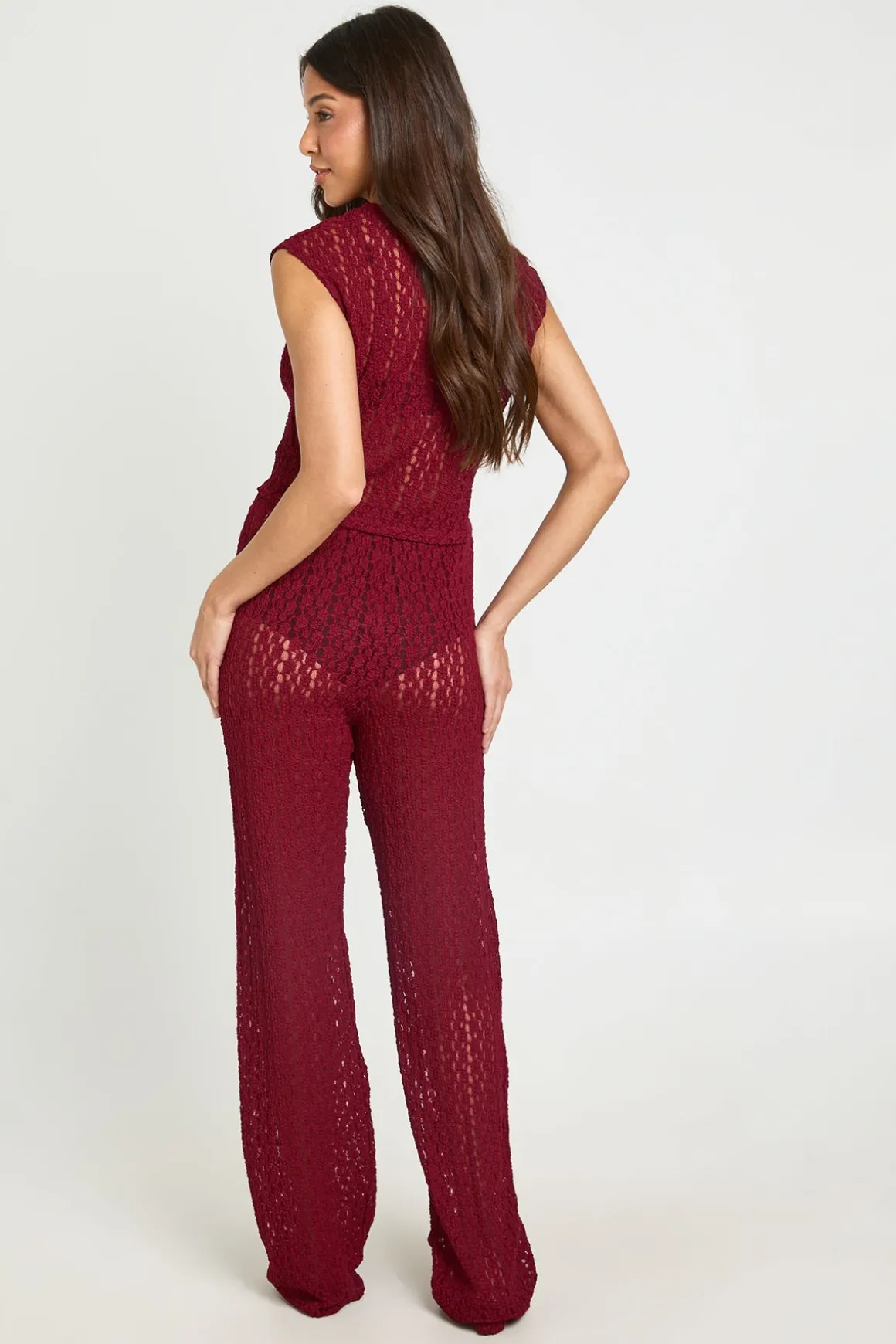 Pantalon Droit En Dentelle Florale Avec Cordon De Serrage