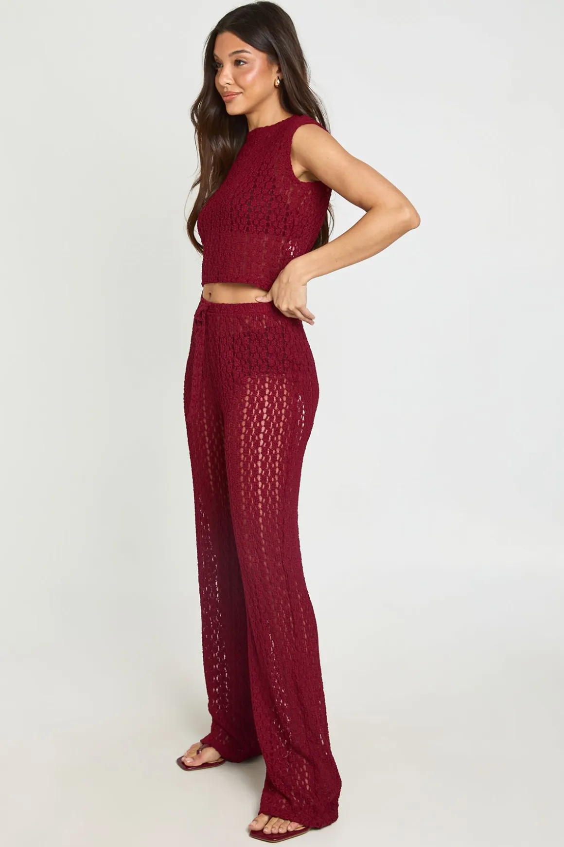 Pantalon Droit En Dentelle Florale Avec Cordon De Serrage