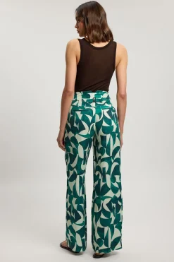 Pantalon Droit En Lin Tissé À Imprimé Géométrique Avec Détails De Plis Et Poches