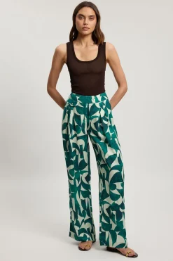 Pantalon Droit En Lin Tissé À Imprimé Géométrique Avec Détails De Plis Et Poches