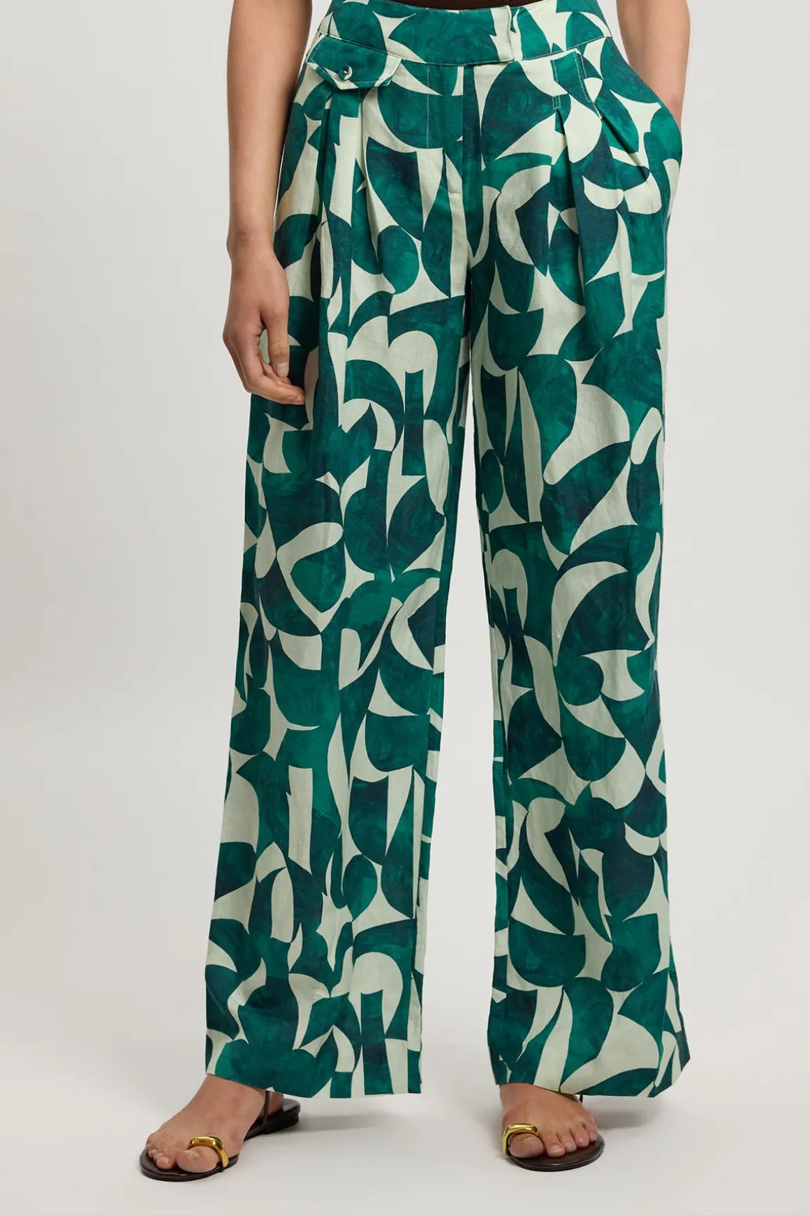 Pantalon Droit En Lin Tissé À Imprimé Géométrique Avec Détails De Plis Et Poches
