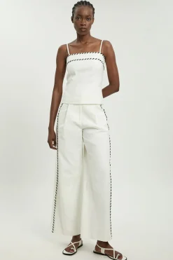 Pantalon Droit En Mélange De Lin Avec Surpiqûres Contrastantes