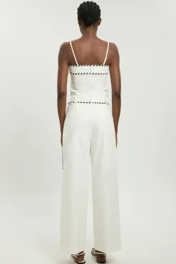 Pantalon Droit En Mélange De Lin Avec Surpiqûres Contrastantes